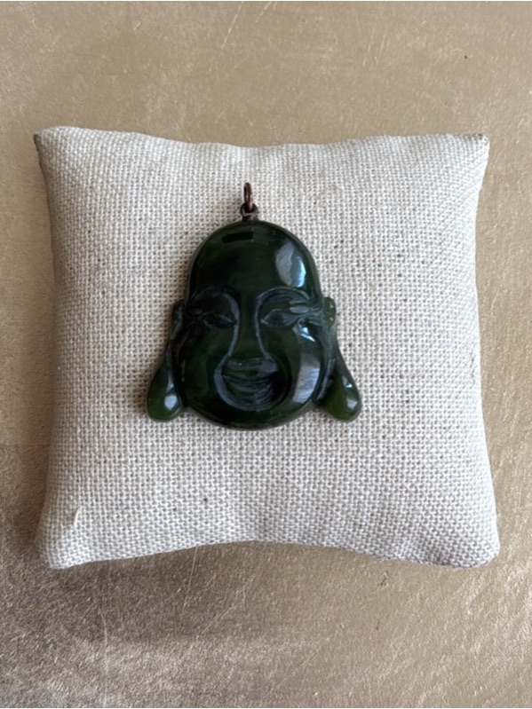 Vintage Carved Dark Green Jade Laughing Buddha Pendant